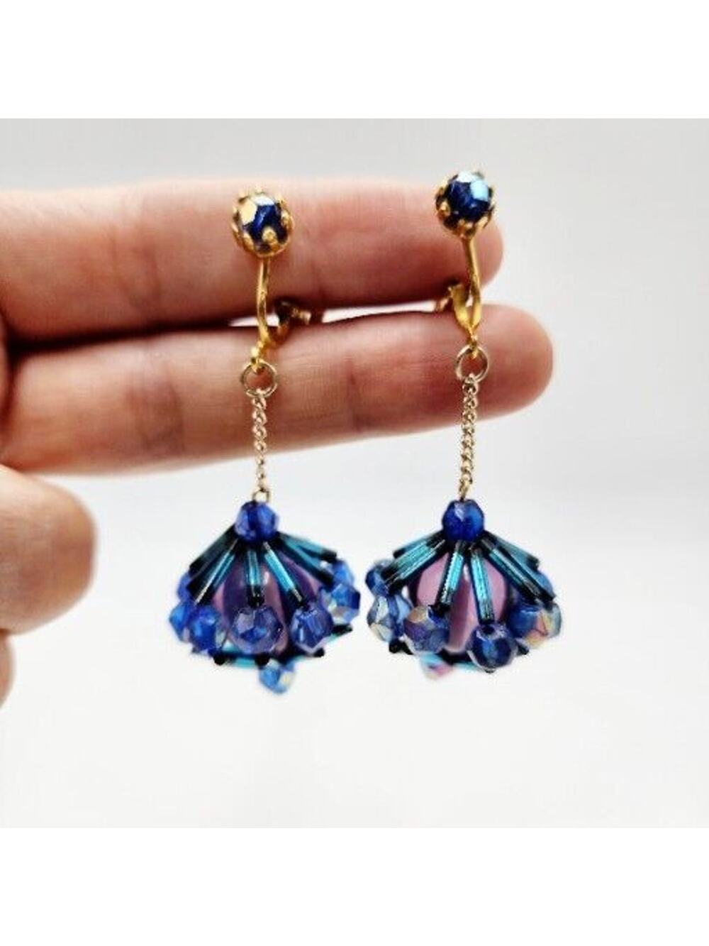 Vintage Rare Blue Beads Around Marble Rhinestone Dangle Statement Clip Earrings